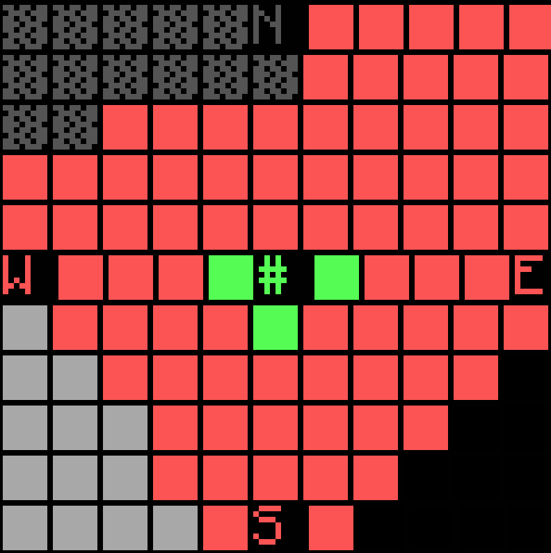 Node map nearly destroyed: only the home chunk and its immediate neighbours are still green
