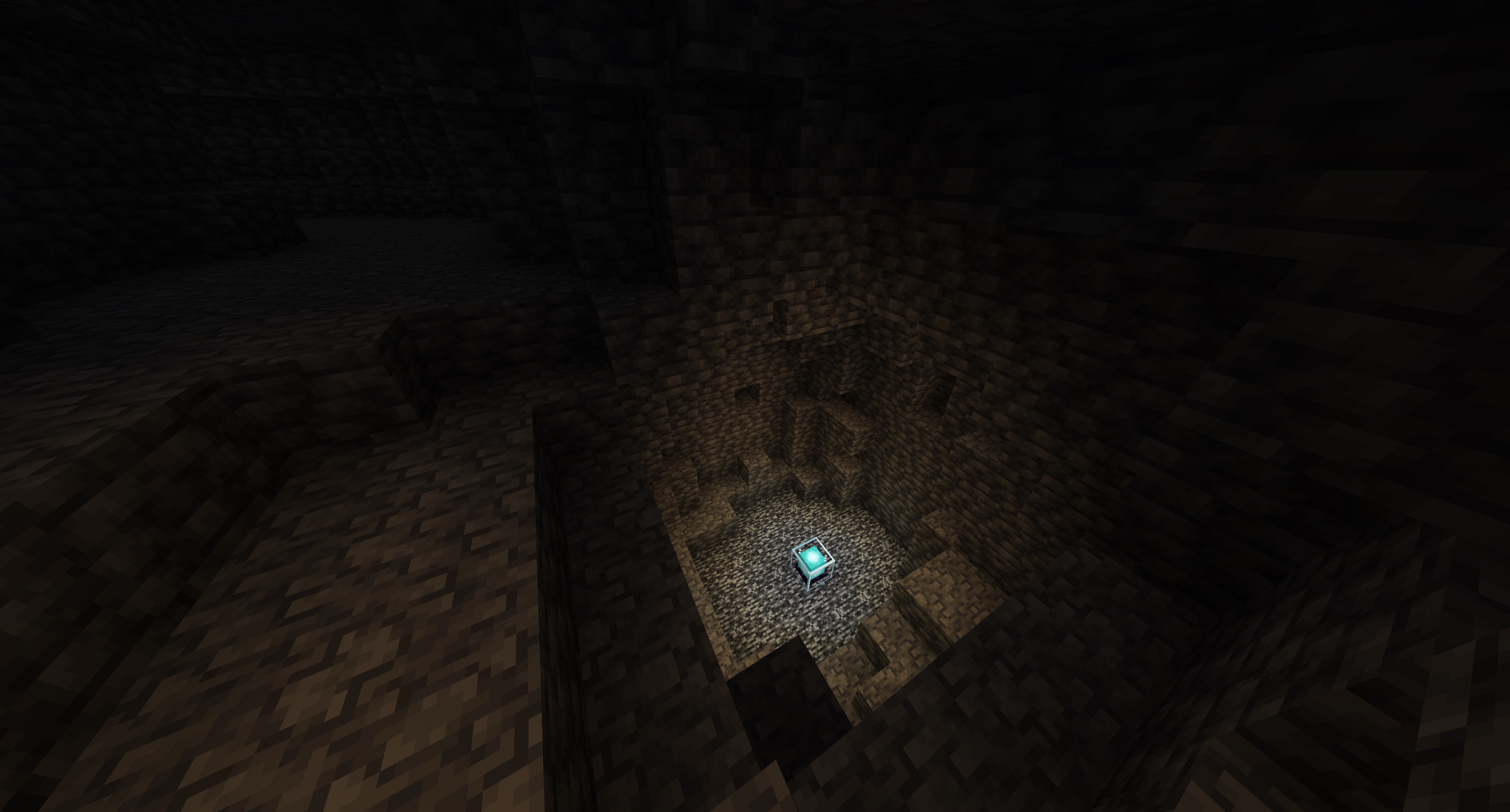 A glowing node bastion block placed on the bedrock layer deep underground